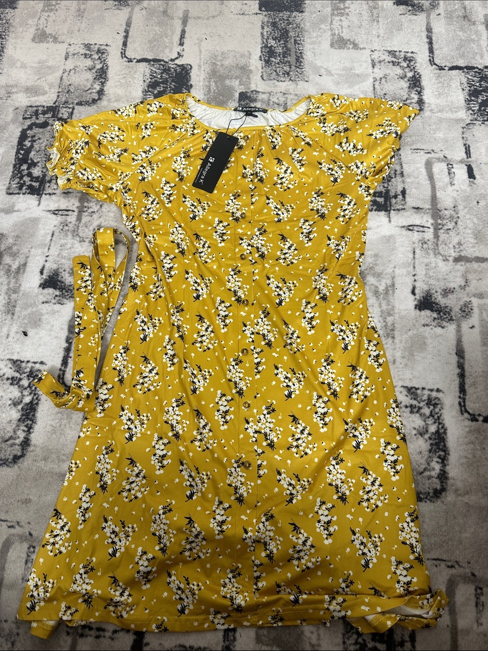Allegra K Yellow Floral Midi Dress with Belt